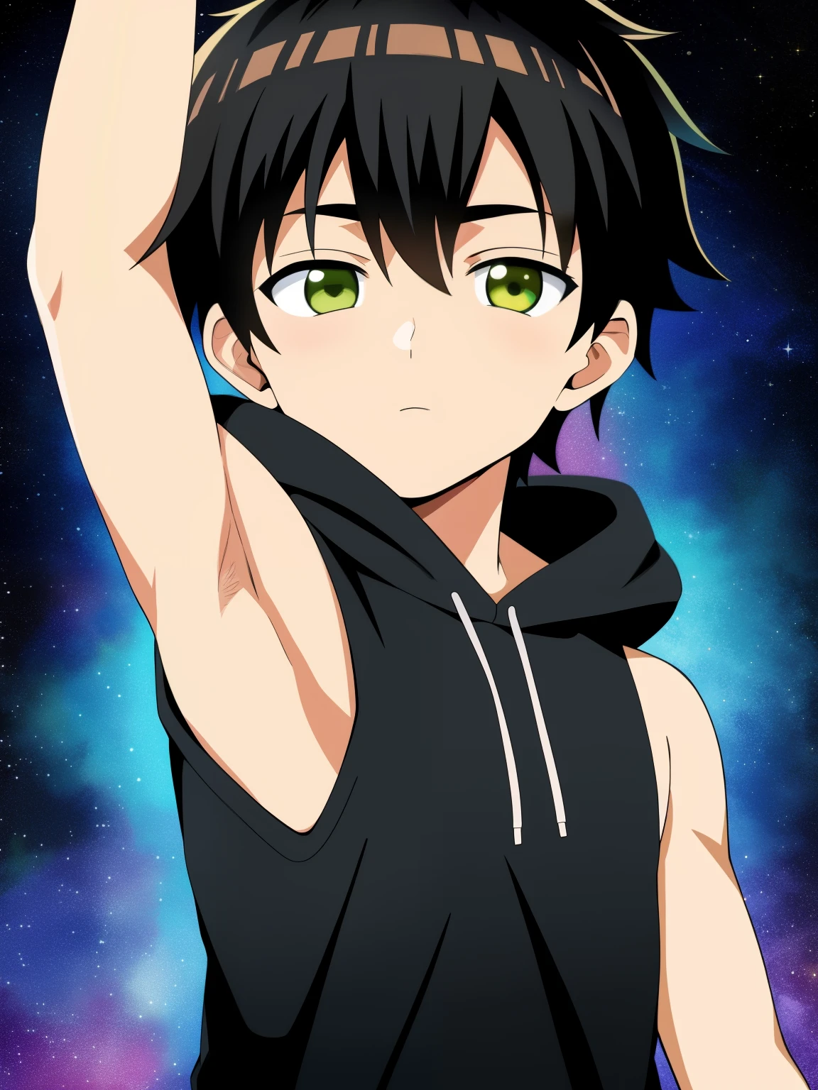 Highres, Masterpiece, Best quality at best,Best Quality,hight quality, hight detailed, Anime style, 1boy, Shota, Black hoodie, Body, Sleeveless hoodie, Seen from the front, look at viewer, (very young boy), (very small and short body), 12-year-old boys, (Showing armpit:1.3), hansome boy, Bokeh, 4k, Uhd