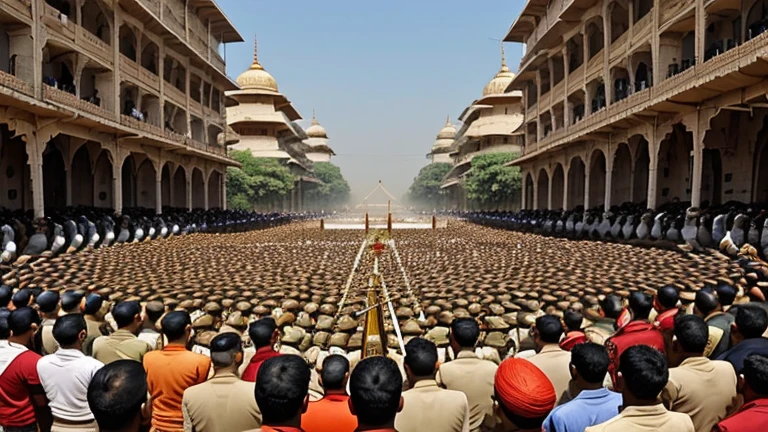 It is the festival of Dussehra. Many soldiers and people are worshipping their weapons like sword, spear etc. All the people are wearing historical military clothes. They are tall and full.