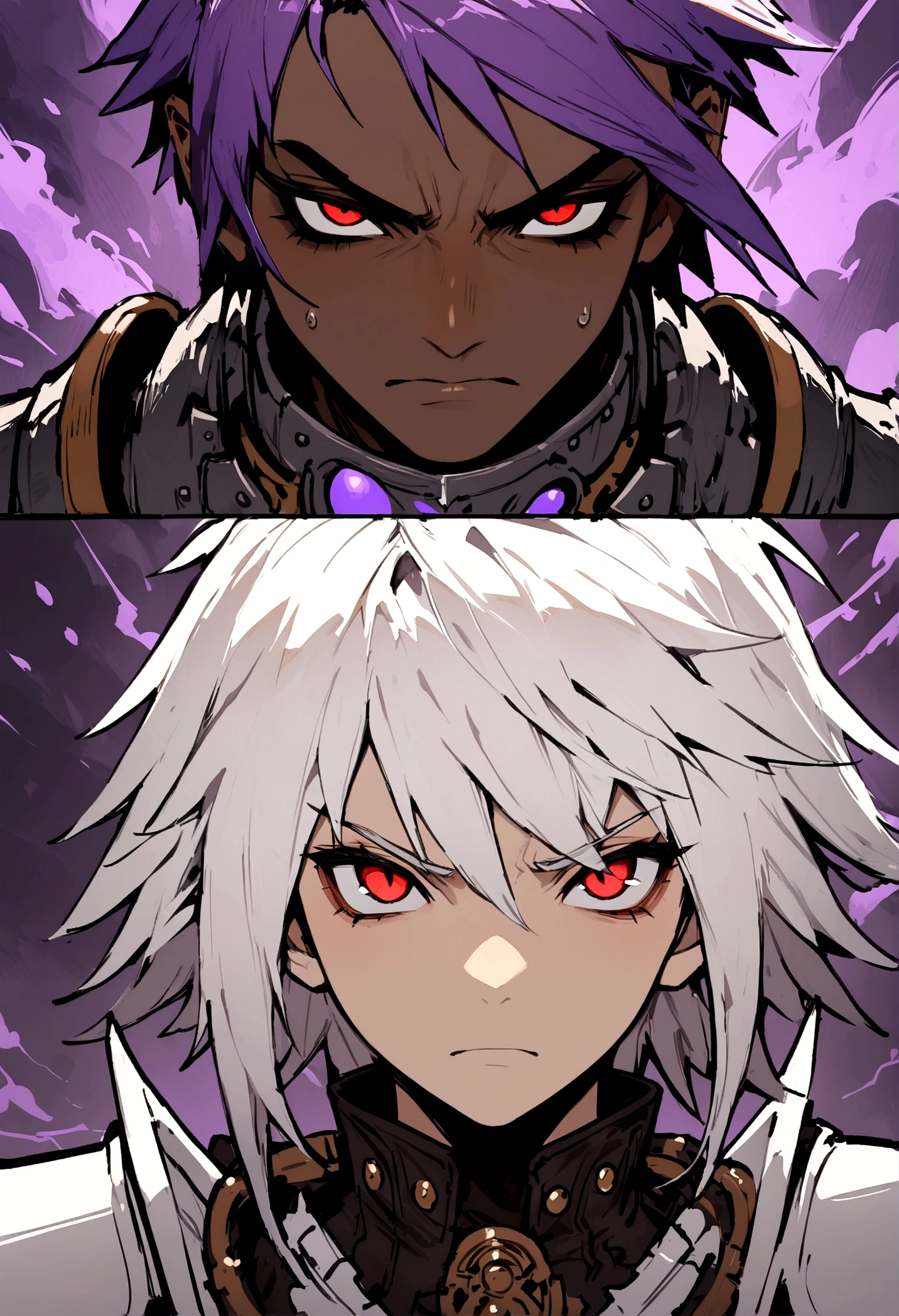 ((best quality)), ((masterpiece)), (detailed), ((boy)),, (dungeonpunk), (steampunk), half-drow , portrait, red eyes, long white hair, Xemnas from Kingdom Hearts, half-drow,brown skin with a purple hue, (full knight armor), paladin, serious faces