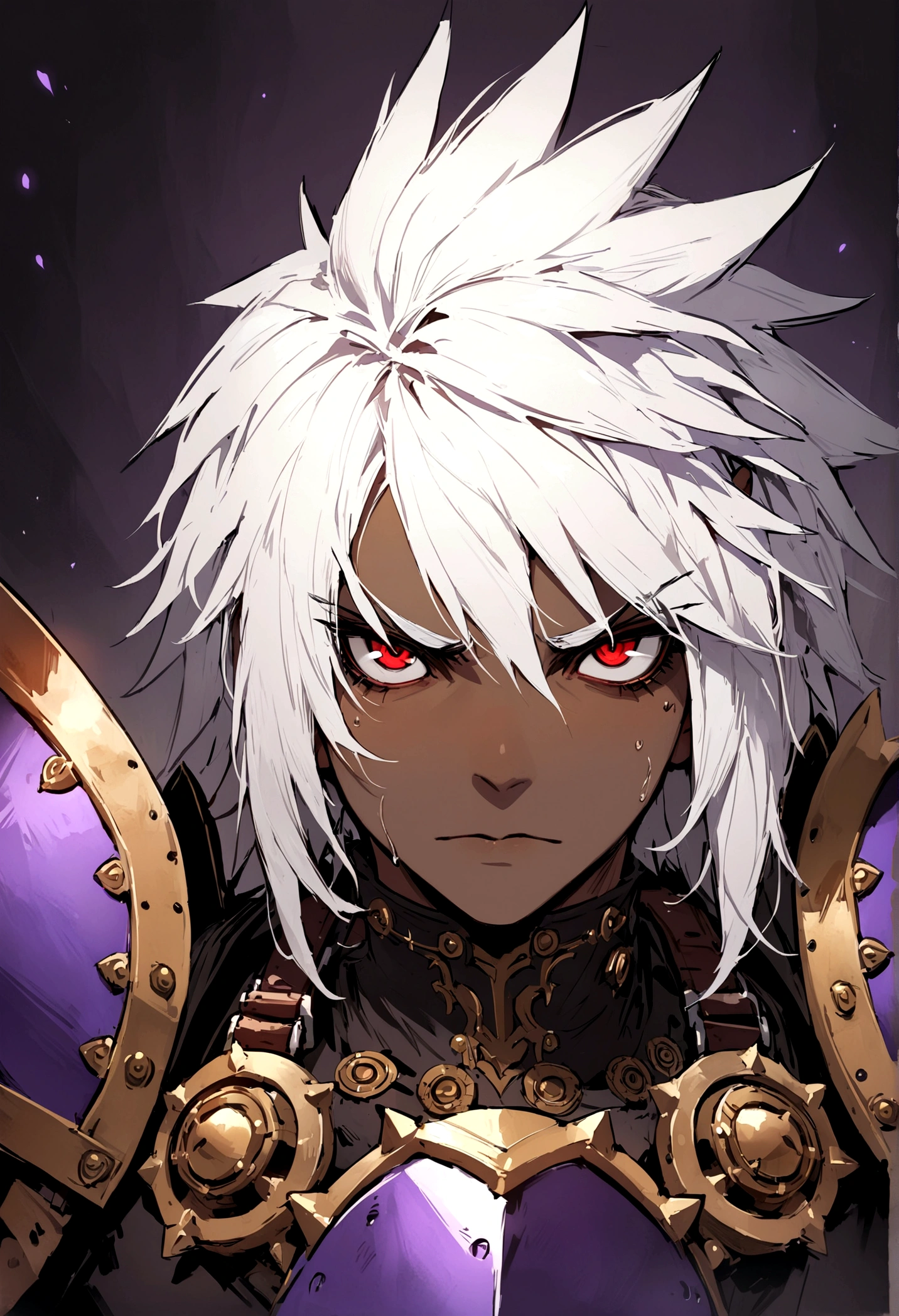 ((best quality)), ((masterpiece)), (detailed), ((boy)),, (dungeonpunk), (steampunk), half-drow , portrait, red eyes, long white hair, Xemnas from Kingdom Hearts, half-drow,brown skin with a purple hue, (full knight armor), paladin, serious faces