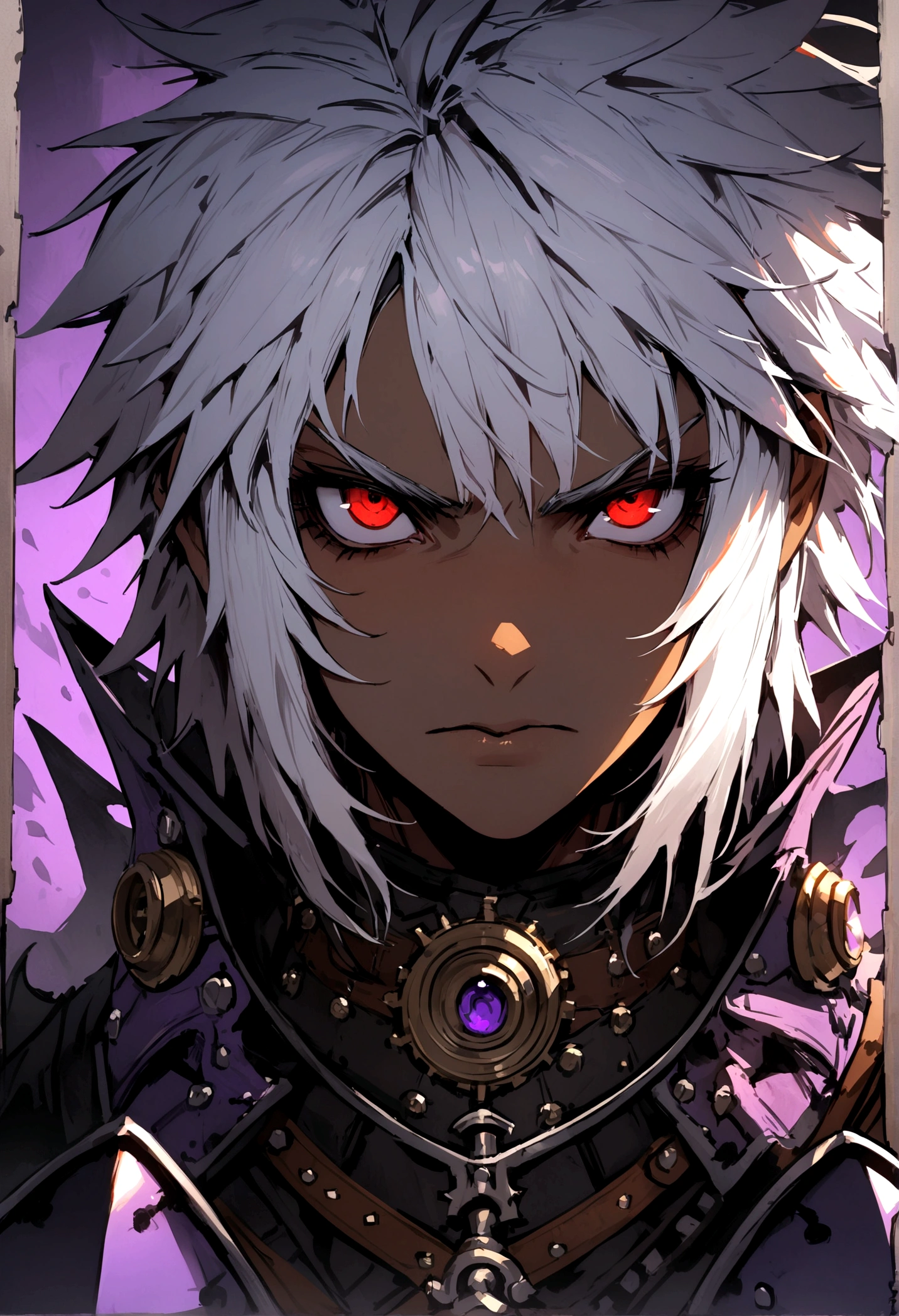 ((best quality)), ((masterpiece)), (detailed), ((boy)),, (dungeonpunk), (steampunk), half-drow , portrait, red eyes, long white hair, Xemnas from Kingdom Hearts, half-drow,brown skin with a purple hue, (full knight armor), paladin, serious faces