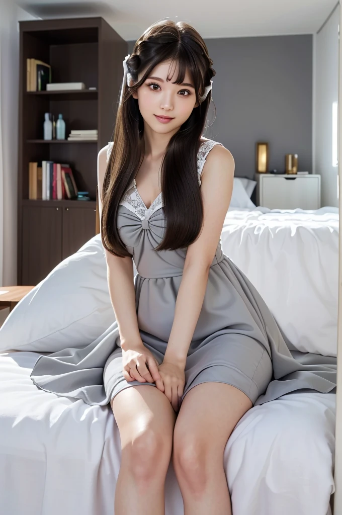 (Highest quality:1.9)、(High resolution)、Live-action image quality、((Neat and clean female college student、1 person))、Soft lighting by a professional photographer、Natural light、((Very spacious white luxurious room:1.6))、((Bright white room:1.6))、(Sitting on a very luxurious white bed:1.2)、(White Bookcase:1.1)、Natural soft light、((Brown Hair:1.1))、Fair skin、Detailed Eyes、double eyelid、Slightly puffy cheeks、((Small Face:1.0))、((Grey dress、Please wear it with the chest open.:1.8))、Live-action image quality、(I don't make bangs:1.8)、F cup big breasts、Cleavage、(smile)、((Girly pose 1.8))、((Long hair without bangs:1.1))、((Full Body Shot:1.2))、((Height: 150cm))、Hands in front、Hide your hands between your legs、((Hairstyle that exposes the forehead:1.8))、