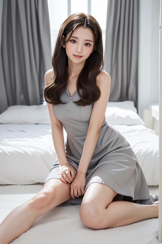 (Highest quality:1.9)、(High resolution)、Live-action image quality、((Neat and clean female college student、1 person))、Soft lighting by a professional photographer、Natural light、((Very spacious white luxurious room:1.6))、((Bright white room:1.6))、(Sitting on a very luxurious white bed:1.2)、(White Bookcase:1.1)、Natural soft light、((Brown Hair:1.1))、Fair skin、Detailed Eyes、double eyelid、Slightly puffy cheeks、((Small Face:1.0))、((Grey dress、Please wear it with the chest open.:1.8))、Live-action image quality、(I don't make bangs:1.8)、F cup big breasts、Cleavage、(smile)、((Girly pose 1.8))、((Long hair without bangs:1.1))、((Full Body Shot:1.2))、((Height: 150cm))、Hands in front、Hide your hands between your legs、((Hairstyle that exposes the forehead:1.8))、