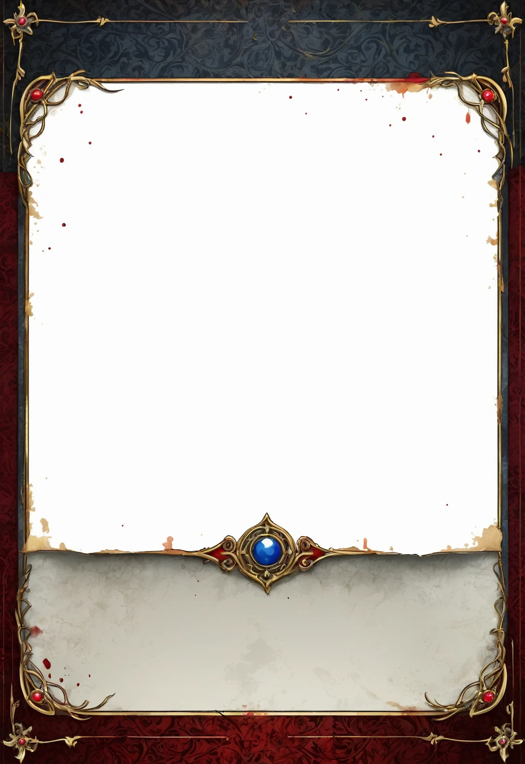A card border UI,Medieval European aristocracy design,Dark Style,There are blood stains on the parchment backing.。