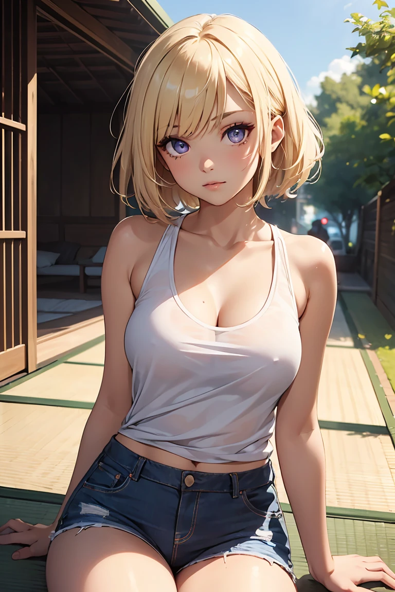 ((1 Girl)), tatami, Latest Fashion Trends, White tank top, Shorts, countryside, sitting cross-legged, D Cup, Street fashion,(Cowboy Shot) ,((Very detailed,Highest quality, High resolution, 8k wallpaper, Beautiful clothes,)),((Blonde, Short Hair)), eye shadow, eyeliner,Light purple eyes, Very detailedな目, Clear Eyes, Beautiful Eyes, 18-year-old girl