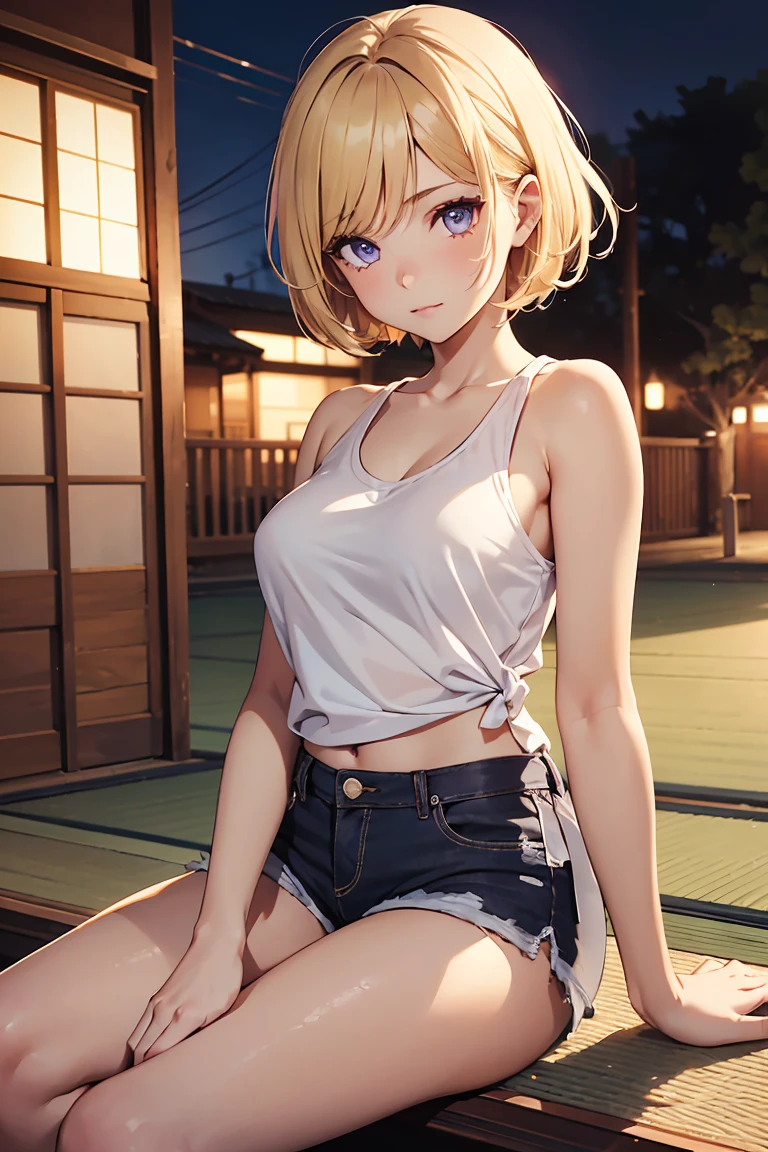 ((1 Girl)), tatami, Latest Fashion Trends, White tank top, Shorts, countryside, sitting cross-legged, D Cup, Street fashion,(Cowboy Shot) ,((Very detailed,Highest quality, High resolution, 8k wallpaper, Beautiful clothes,)),((Blonde, Short Hair)), eye shadow, eyeliner,Light purple eyes, Very detailedな目, Clear Eyes, Beautiful Eyes, 18-year-old girl