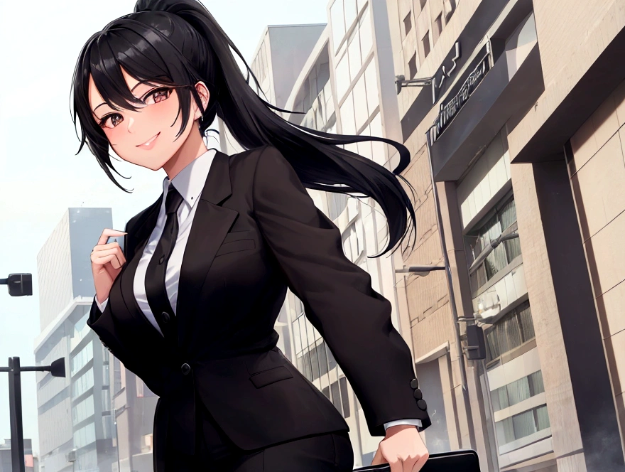 A charming girl with black hair in a ponytail, dressed in a black business suit, smiling outside a bank.