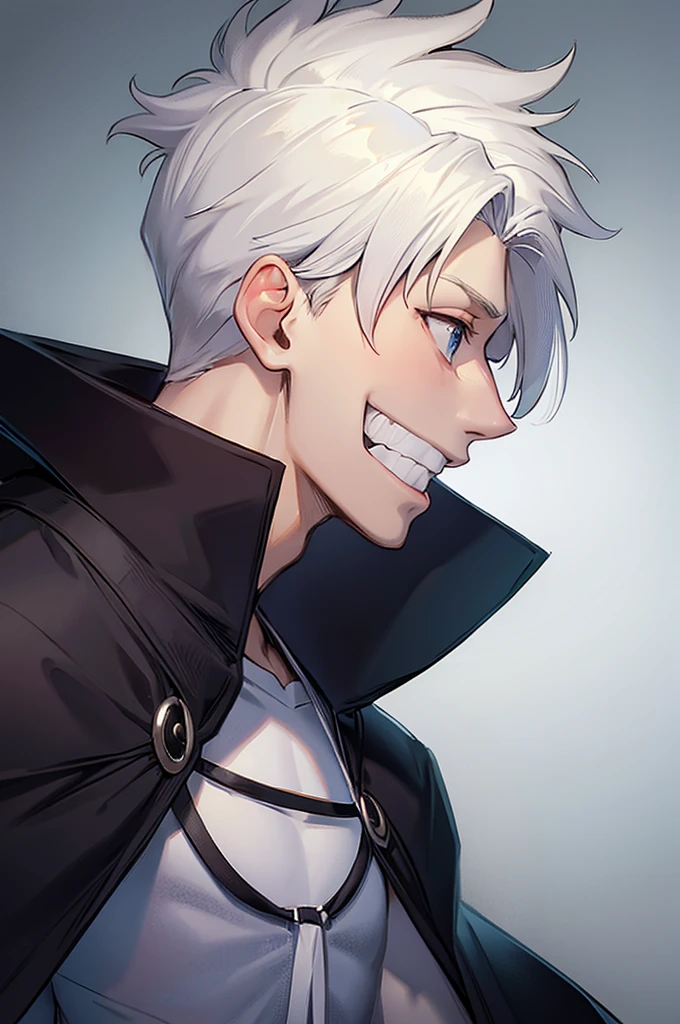 A 20-years-old man, Wearing ninja clothes. Wearing a black cape, Smiling, Anime style, White Hair, Blue eyes, (Side-view: 1.4).