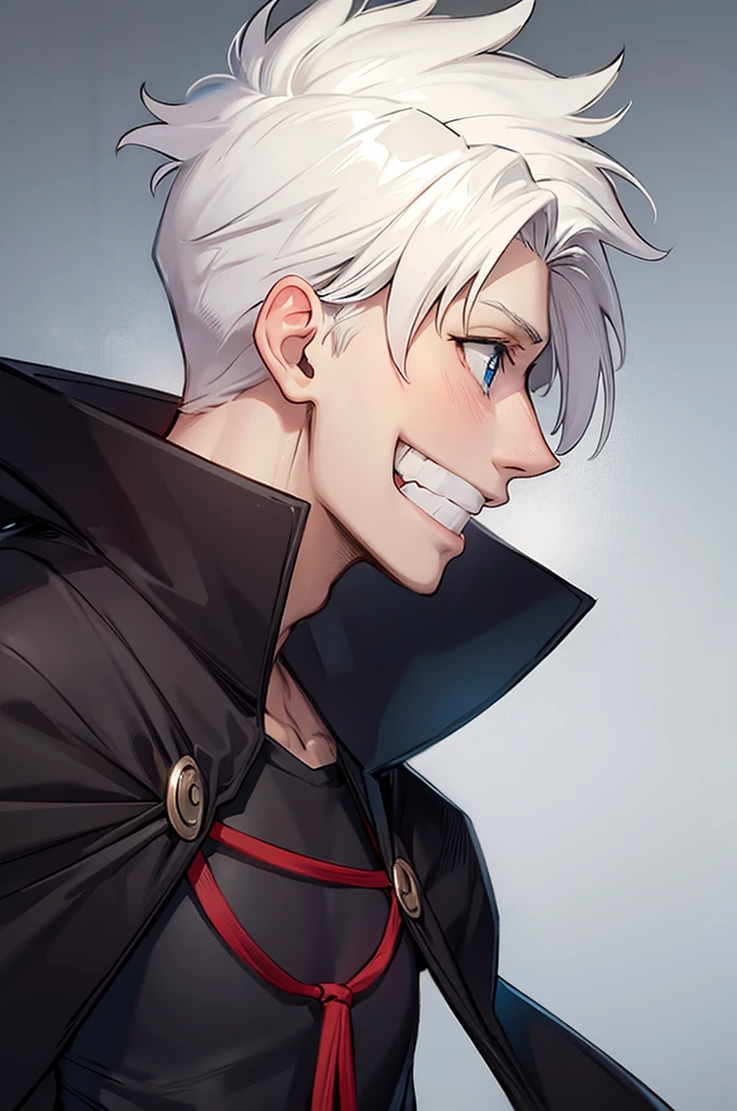 A 20-years-old man, Wearing ninja clothes. Wearing a black cape, Smiling, Anime style, White Hair, Blue eyes, (Side-view: 1.4).