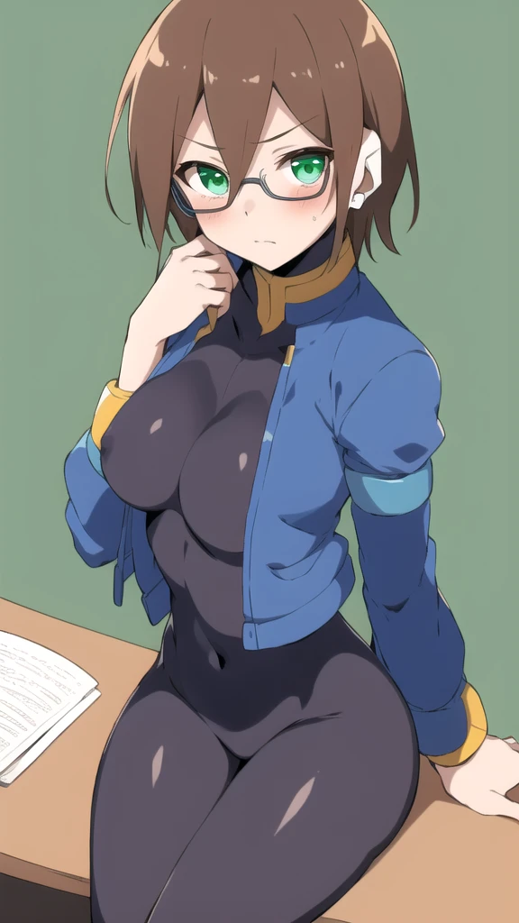 Aile_Megamanzx, 1 Girl, looking at viewer, Brown hair, Green eyes, Simple background , Blushed , Leaning on a table , Glasses , sharped Eyes, Naked, Bunny