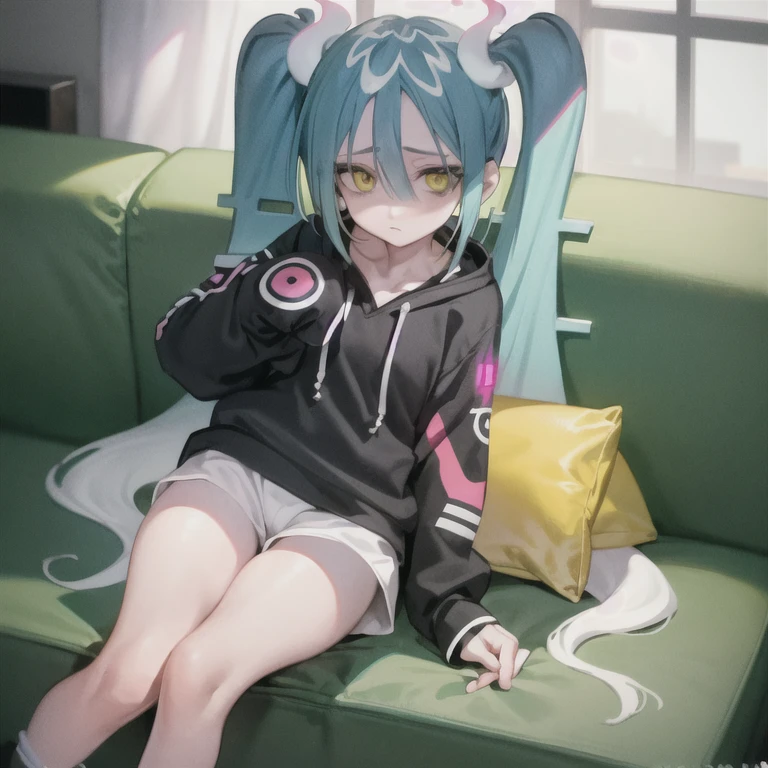 1girl, ghostmiku13, mischievous expression, looking at viewer, hair between eyes, hair covering eyes, yellow eyes, sitting on couch, gym shorts, hoodie, 