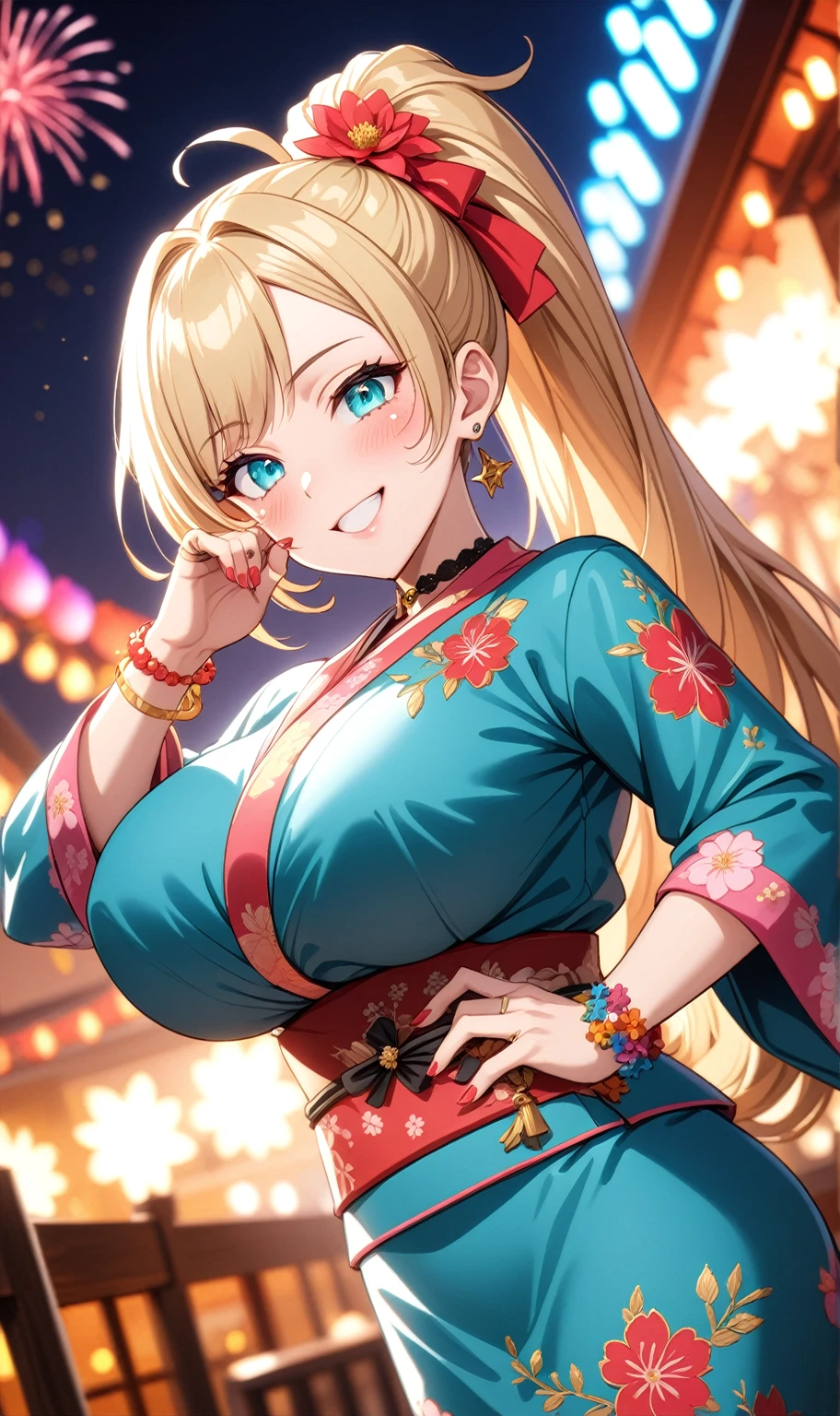 One personの女性)), Beautiful Face,Laughing embarrassedly,((Wink:2.0)),Laugh with your mouth wide open,((Bright red cheeks:1.4)),Glossy pink lips,night,rooftop,Festive decorations,You can see the ocean, firework,Glossy pink lips,Lighting on the face,((Anime style background)),masterpiece, Highest quality, so beautiful, Latest, Complex details, (Pink long nails),(ring),(flower bracelet),Floral choker,AI-generated, Complex,High resolution, Highest quality, super high quality,3D Images、View your viewers、3D Images,One person,Long blonde hair,High Ponytail,(Turquoise Eyes),Anime woman posing for a photo, (Fine grain,Colorful eyes,Shining Eyes:1.3),(Squint your eyes:1.1),a hyperRealistic , hyperRealistic , Realistic,Blonde anime woman with long hair, Smooth anime CG art, A woman in a colorful kimono with gold embroidery, (Pink long sleeve kimono),Red floral pattern,Long flower hair ornament,Large floral earrings,(ring),(Big Breasts:1.1),Mature Body,Tall,Big Ass,Narrow waist,Abdominal muscles,(Zoom in on face:2.0),Shooting from below at an angle,(Tilt the angle:1.5)