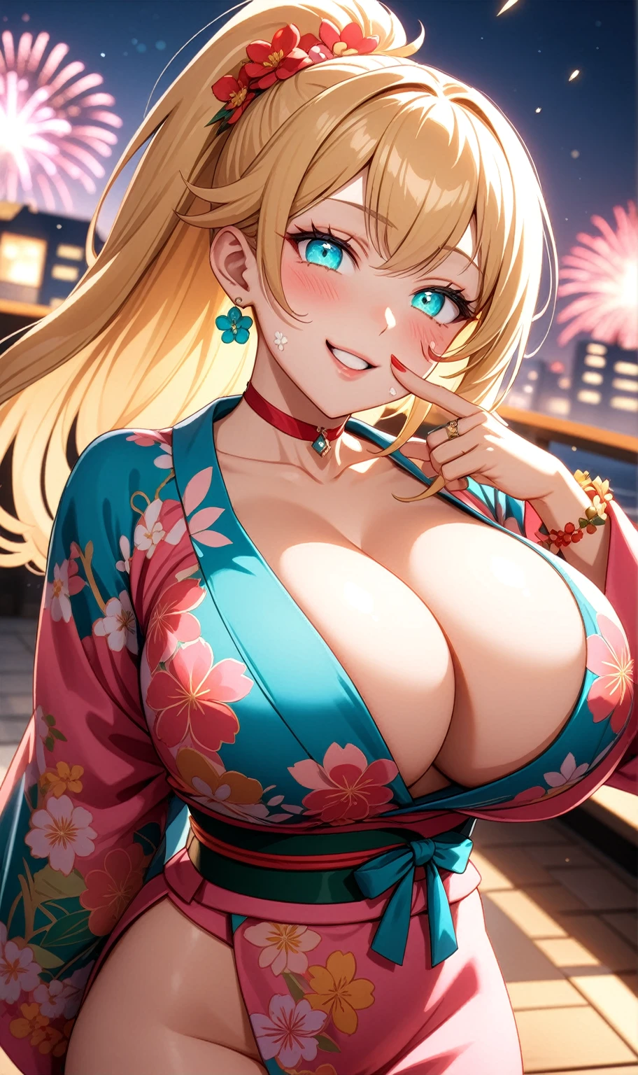 One personの女性)), Beautiful Face,Laughing embarrassedly,((Wink:2.0)),Laugh with your mouth wide open,((Bright red cheeks:1.4)),Glossy pink lips,night,rooftop,Festive decorations,You can see the ocean, firework,Glossy pink lips,Lighting on the face,((Anime style background)),masterpiece, Highest quality, so beautiful, Latest, Complex details, (Pink long nails),(ring),(flower bracelet),Floral choker,AI-generated, Complex,High resolution, Highest quality, super high quality,3D Images、View your viewers、3D Images,One person,Long blonde hair,High Ponytail,(Turquoise Eyes),Anime woman posing for a photo, (Fine grain,Colorful eyes,Shining Eyes:1.3),(Squint your eyes:1.1),a hyperRealistic , hyperRealistic , Realistic,Blonde anime woman with long hair, Smooth anime CG art, A woman in a colorful kimono with gold embroidery, (Pink long sleeve kimono),Red floral pattern,Long flower hair ornament,Large floral earrings,(ring),(Big Breasts:1.1),Mature Body,Tall,Big Ass,Narrow waist,Abdominal muscles,(Zoom in on face:2.0),Shooting from below at an angle,(Tilt the angle:1.5)