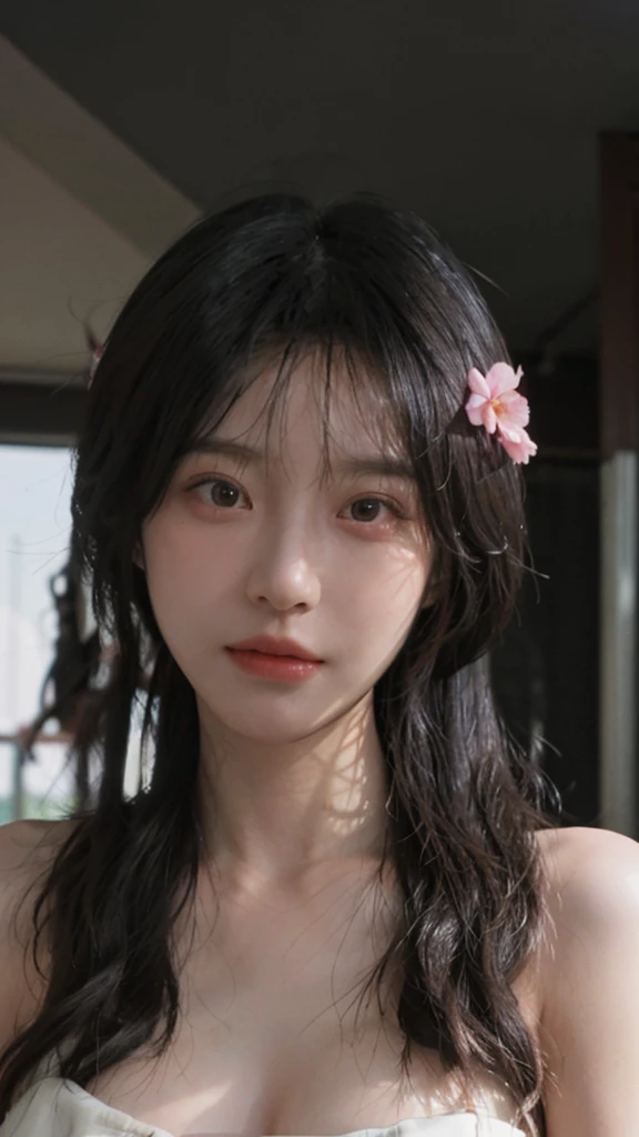 best quality， ultra high resolution， （realistically：1.4），Baoyu Girl ，A pair of clear and charming peach blossom eyes，The sun shines on the face，Big wavy hairstyle，a sense of atmosphere，a beautiful girl，Looking directly at the viewer， naked body ,1 girl,