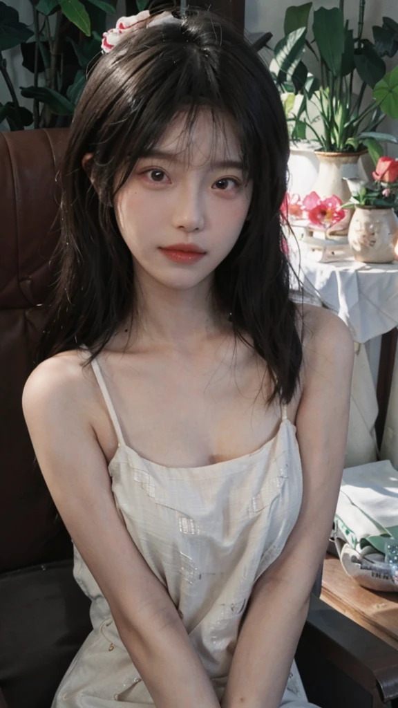 best quality， ultra high resolution， （realistically：1.4），Baoyu Girl ，A pair of clear and charming peach blossom eyes，The sun shines on the face，Big wavy hairstyle，a sense of atmosphere，a beautiful girl，Looking directly at the viewer， naked body ,1 girl,