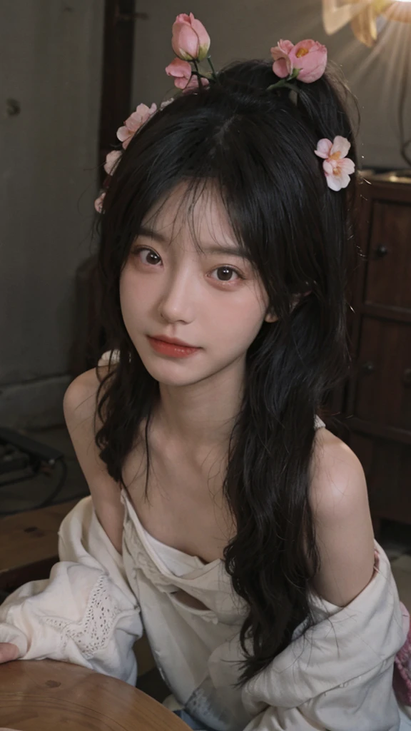 best quality， ultra high resolution， （realistically：1.4），Baoyu Girl ，A pair of clear and charming peach blossom eyes，The sun shines on the face，Big wavy hairstyle，a sense of atmosphere，a beautiful girl，Looking directly at the viewer， naked body ,1 girl,