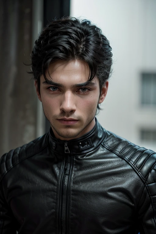 Hombre, como motociclista y modelo, alto y en forma, con el cabello corto color ?????, delineado ????? en la parte inferior de los ojos y ojos verdes