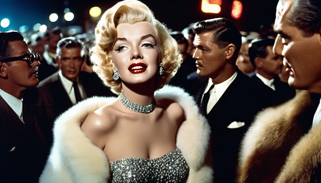 a vintage film still of Marilyn Monroe with makeup wearing a diamond dress and fur coat looking at Clark Gable with glasses and clean shaving outside a hollywood matinee at night surrounded by a big crowd of photographers, glamorous composition, film still, champagne commercial, inspired by George Hurrell, steven meisel photography, very realistic film still, color