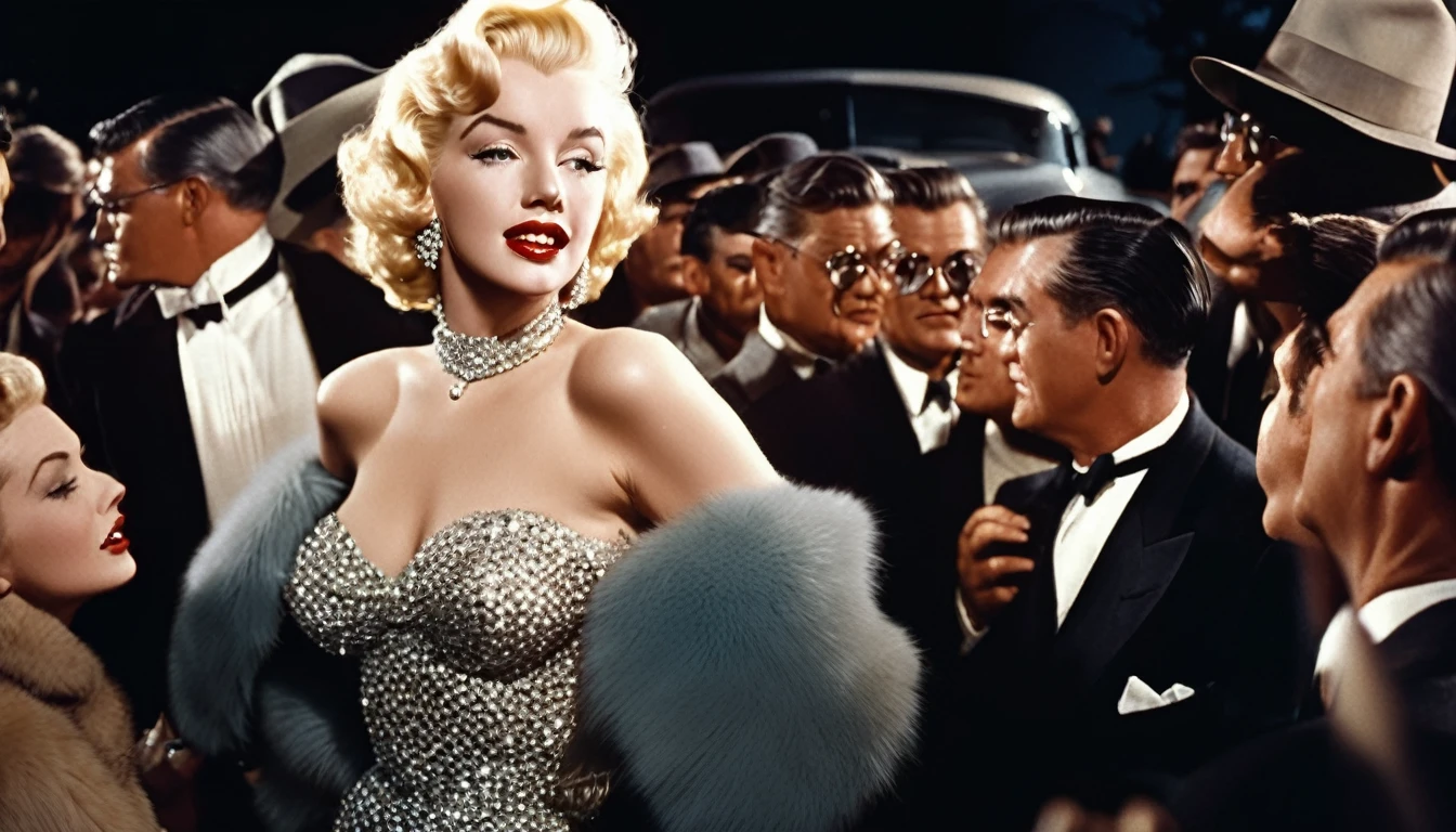 a vintage film still of Marilyn Monroe with makeup wearing a diamond dress and fur coat looking at Clark Gable with glasses and clean shaving outside a hollywood matinee at night surrounded by a big crowd of photographers, glamorous composition, film still, champagne commercial, inspired by George Hurrell, steven meisel photography, very realistic film still, color