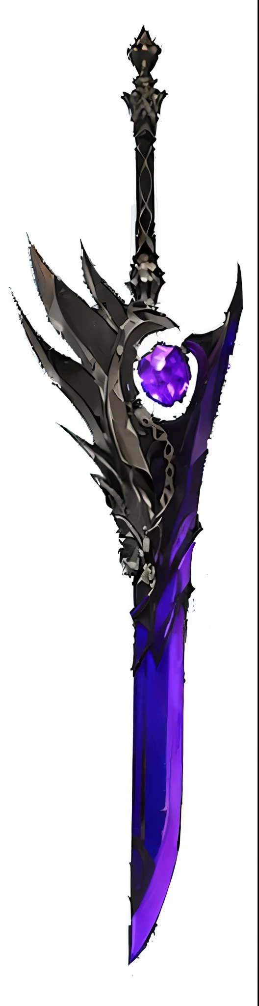 Close up of purple and black sword，The sword heart is purple, Sword weapons, Dragon Staff, Fantasy weapons, Void Glass Obelisk, The style of the Ghost Slayer Blade, Fantasy Sword, Fantasy Blade, Intricate Fantasy Spear, Great Sword, 巨大的超Great Sword, Huge sword, Serrated Sword, Great Sword, The glittering gem on the hilt, Dragon Staff
