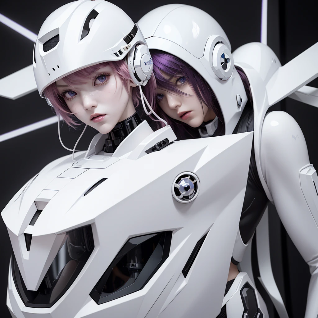 a girl with a full black cyborg body, featuring sleek and high-tech components. She has short pink hair, purple eyes, and an angry expression. She is wearing a mecha helmet that partially obscures her face, with her polished mechanical limbs and torso emphasizing her intense emotions, (((white mecha helmet))), ((white cyborg body)), ((white mecha headphone)), 