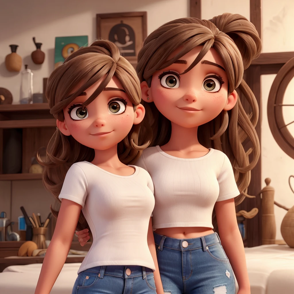 Rosto redondo, olhos castanhos claros, big eyelashes, cor de pele branca, cabelo longo e liso, piercing no nariz, cropped branco, shorts jeans, sandalia branca
