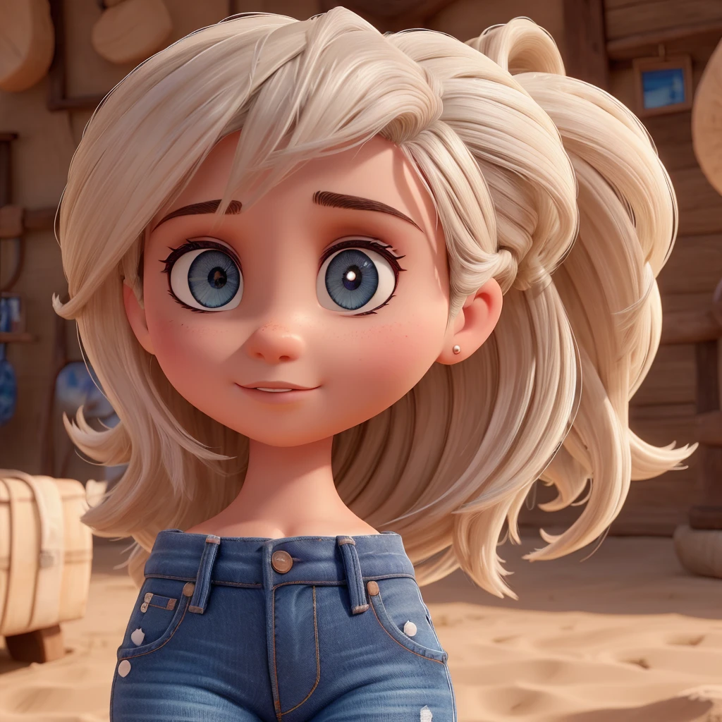 Rosto redondo, olhos castanhos claros, big eyelashes, cor de pele branca, cabelo longo e liso, piercing no nariz, cropped branco, shorts jeans, sandalia branca