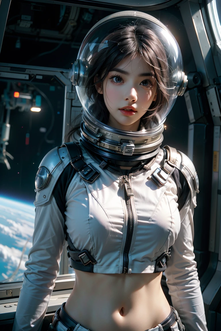 A girl wearing a spacesuit，Wearing a space helmet，Exposing sexy belly，Seven-point lens，Looking at the camera，Detailed facial features, beautiful eyes, Lips, and long eyelashes, Reality, 8K， Very detailed, Studio Lighting, Dramatic Lighting, Vibrant colors, work, Outer Space，The abdomen is open，Showing belly，Sexy abdominal muscles