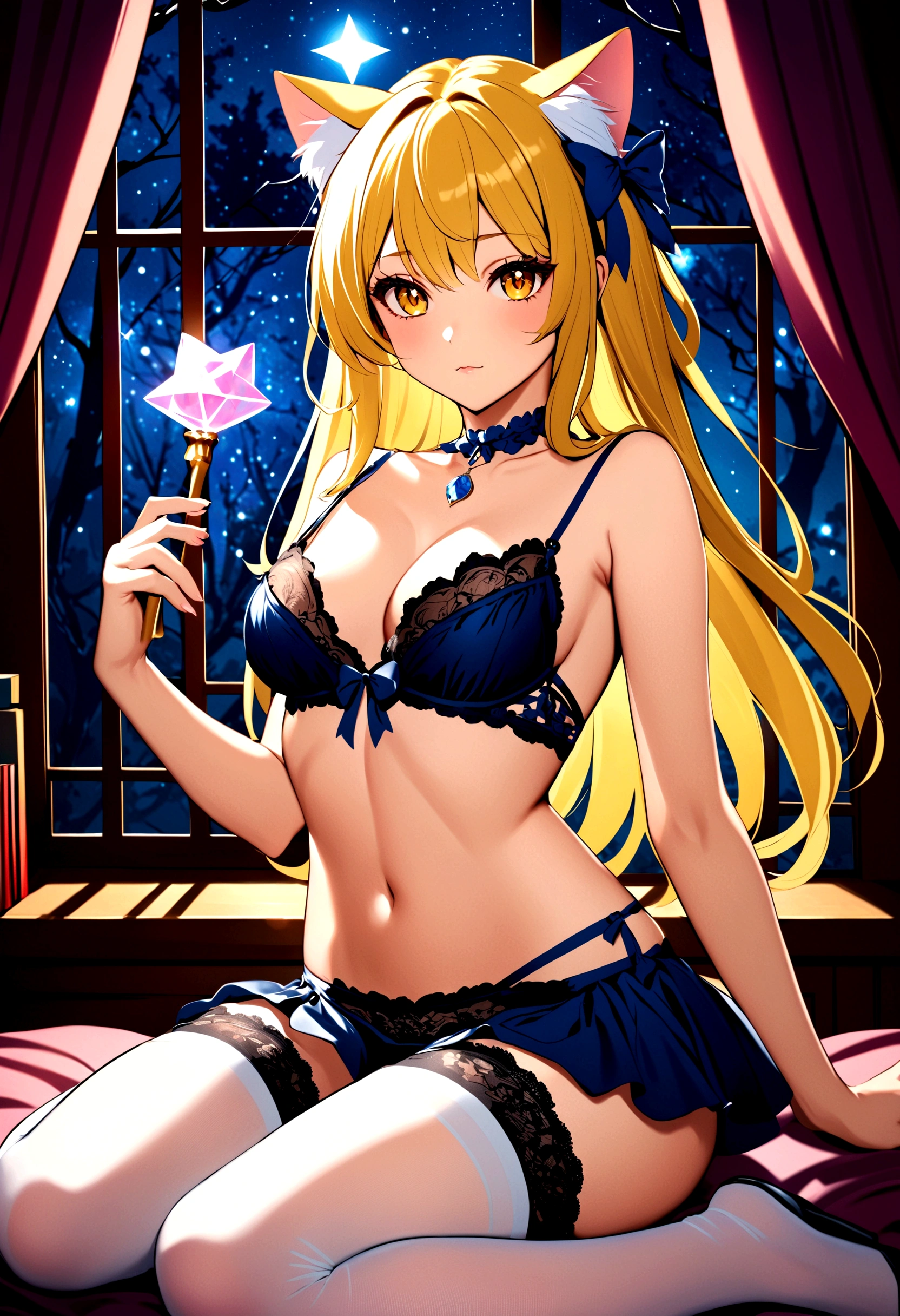 1girl, yellow hair,ear cat,lingerie,stocking