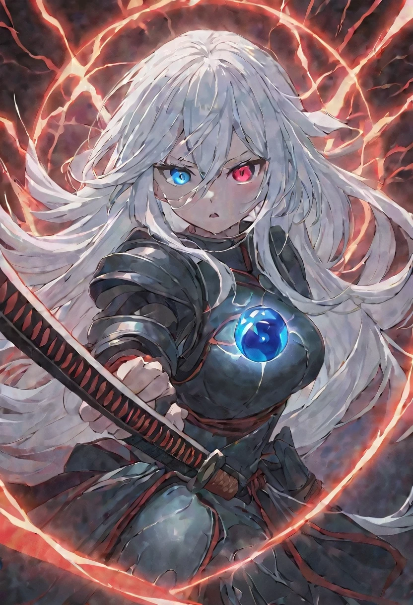 a beautiful blue and black kitsune, detailed portrait, intricate details, elegant, sensual, 1girl, long white hair, long white tail, heterochromia(one blue eye,one red eye), wearing armor, attacking pose, eyes, surrounded by blue energy, one eye glowing intensely, behind her would be a huge dark red energy ball, serious and fierce expression, standing with a large katana behind her surrounded by red and blue lightning, detailed eyes and face,longeyelashes,vivid colors, anime style