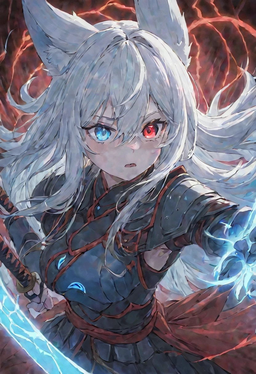 a beautiful blue and black kitsune, detailed portrait, intricate details, elegant, sensual, 1girl, long white hair, long white tail, heterochromia(one blue eye,one red eye), wearing armor, attacking pose, eyes, surrounded by blue energy, one eye glowing intensely, behind her would be a huge dark red energy ball, serious and fierce expression, standing with a large katana behind her surrounded by red and blue lightning, detailed eyes and face,longeyelashes,vivid colors, anime style