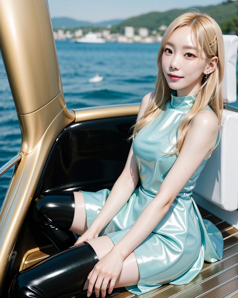 kimtaeyeon,woman,smile,happy,perfect photography,Nikon RAW photo,8 k,Fujifilm XT3,(long hair),(ash blonde),(close-up photo:1.2),(upperbody:0.5),(look at viewer:1.2), octane render, 35mm, bokeh, 9:16, (intricate details:1.12), hdr, (intricate details, hyperdetailed:1.15), realistic, (natural skin texture, hyperrealism, soft light, sharp:1.2), masterpiece, best quality, realistic, photorealistic,ultra detailed,perfect lighting,slim,portrait photo,beautiful blue sky, (latex dress:1.2) with golden accessories, (ootd), (yacht deck:1.2),(golden hour), sleeveless,