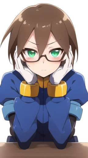 Aile_Megamanzx, 1 Girl, looking at viewer, Brown hair, Green eyes, Simple background , Blushed , Leaning on a table , Glasses , sharped Eyes