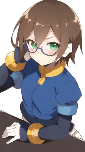 Aile_Megamanzx, 1 Girl, looking at viewer, Brown hair, Green eyes, Simple background , Blushed , Leaning on a table , Glasses , sharped Eyes