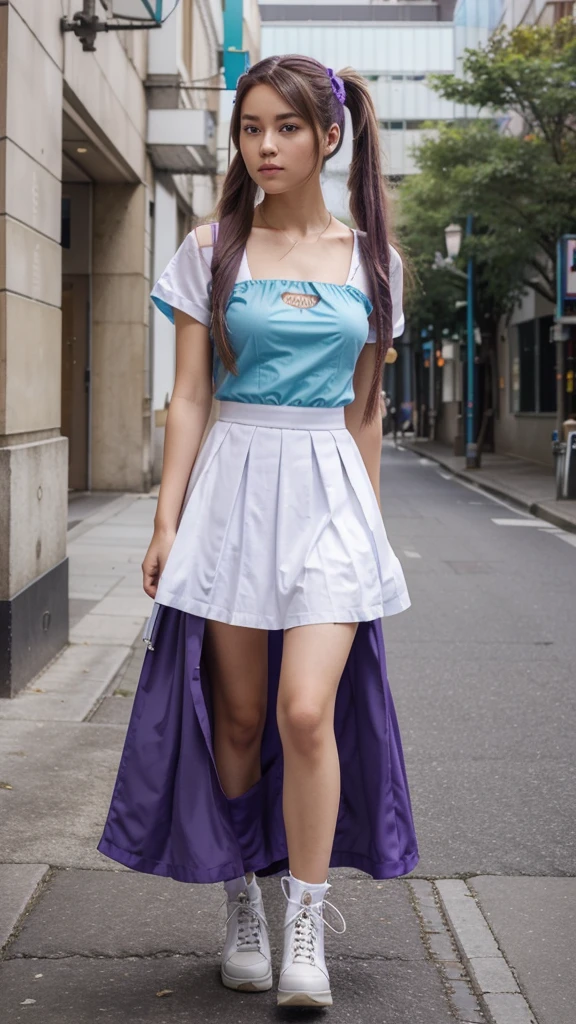 ((masterpiece, best quality))1girl, solo, fashion purple dress modern future, electric guitar, headphones, ponytail, holding, holding plectrum, instrument, very very long brown hair rapunzel, music, one side up, teal hair, twin tails, playing guiter, pleated long skirt fashion, fashion dress modern purple and white, interior, full body, purple, sit down in retro classic chair, walking, jumping, beautiful boot modern, background japan city, fashion costume cosplay japan modern
