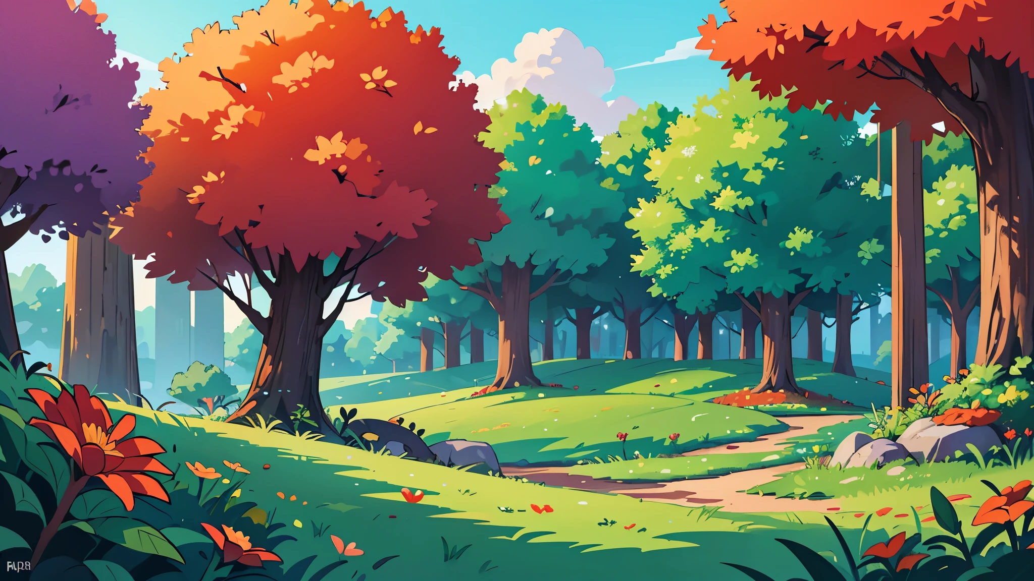 4k ultra HD, landscape, very detailed, perfect lighting, a beautiful forest green, purple, orange trees, red flowers growing in clusters of 3 in the lush green grass, a giant tree you can't see the top of in the distance