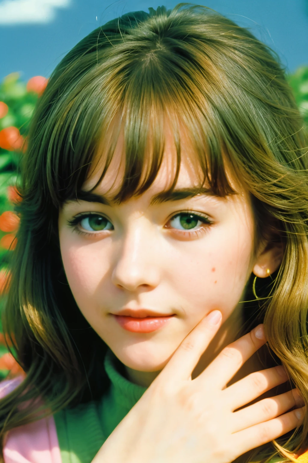 ((best quality)), , (detailed), 1970's anime style, focus on : 2 hands of a girl with a plant inside, ((really detailed)), ((full of color)), landcapes green backgrown