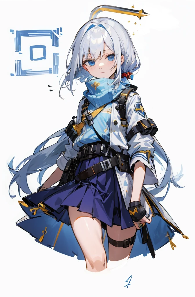 ,Hair Intake,Expressionless,Wind Court,skirt, Mitt, Leg belt, Arm belt, hairpin, ,Mitt ,（White Hair），blue eyes，Social Terrorism，