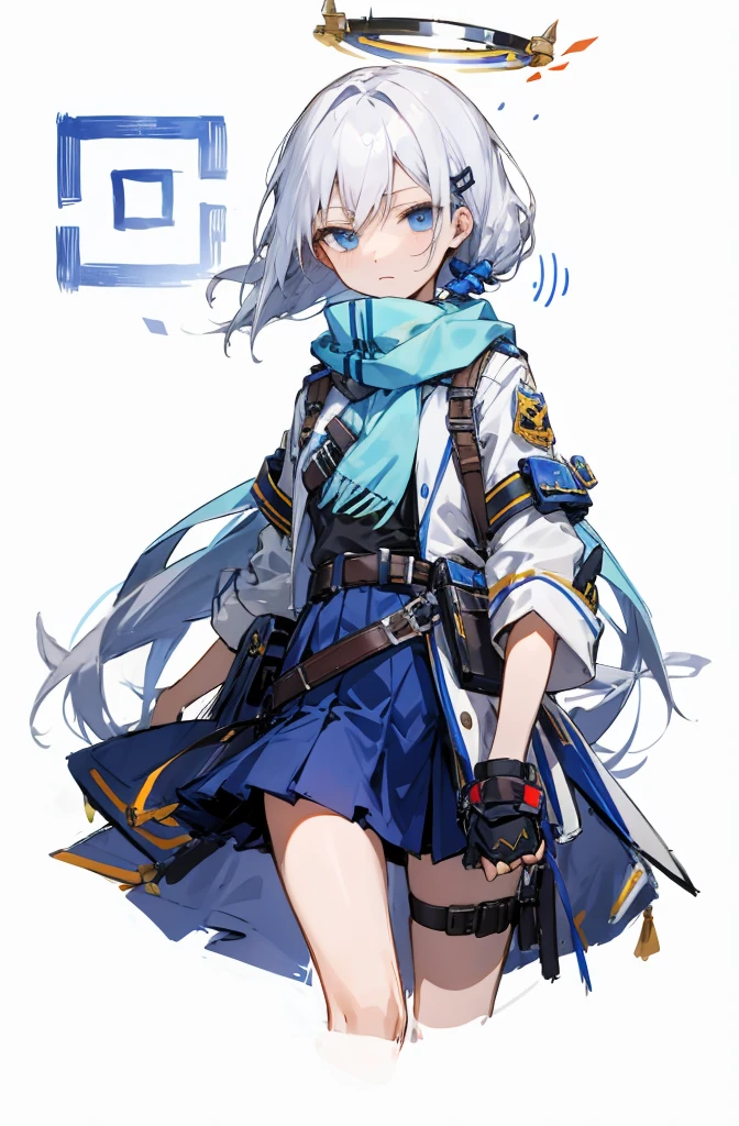,Hair Intake,Expressionless,Wind Court,skirt, Mitt, Leg belt, Arm belt, hairpin, ,Mitt ,(White Hair),blue eyes,Social Terrorism,