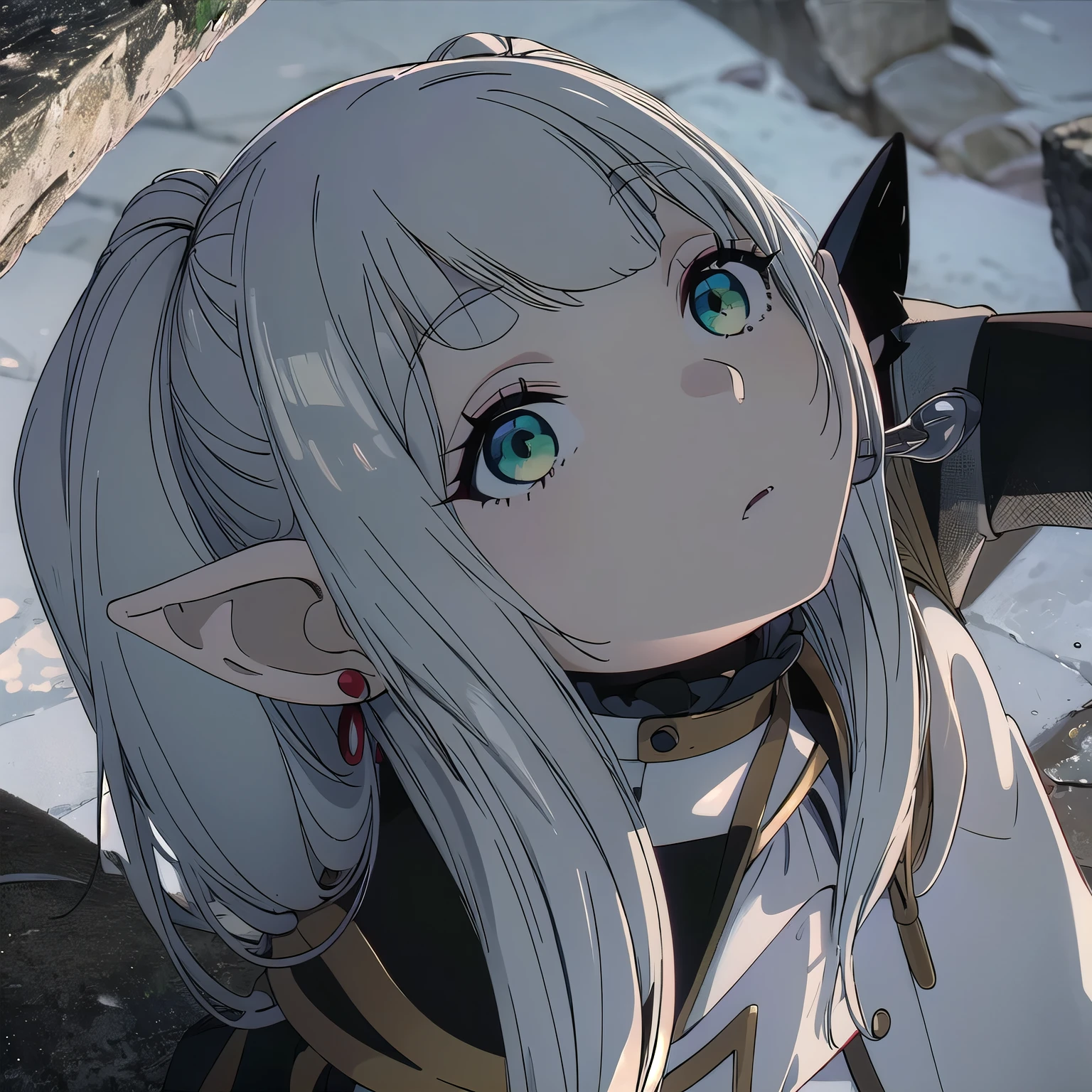 1girl, Frieren, (masterpiece:1.3), (high resolution), (extremely detailed),perfect face, nice eyes and face, (best quality), (super detailed), detailed face and eyes, (solo), textured skin, absurdres, highres, wz_sousou_no_frieren_style, wz_sousou_no_frieren_style, twintails, very long hair, silver hair, pointy ears, elf, white capelet, green eyes, black pantyhose, earrings, white skirt, belt, white sleeves, pov, selfie, butterfly, grass, stone street