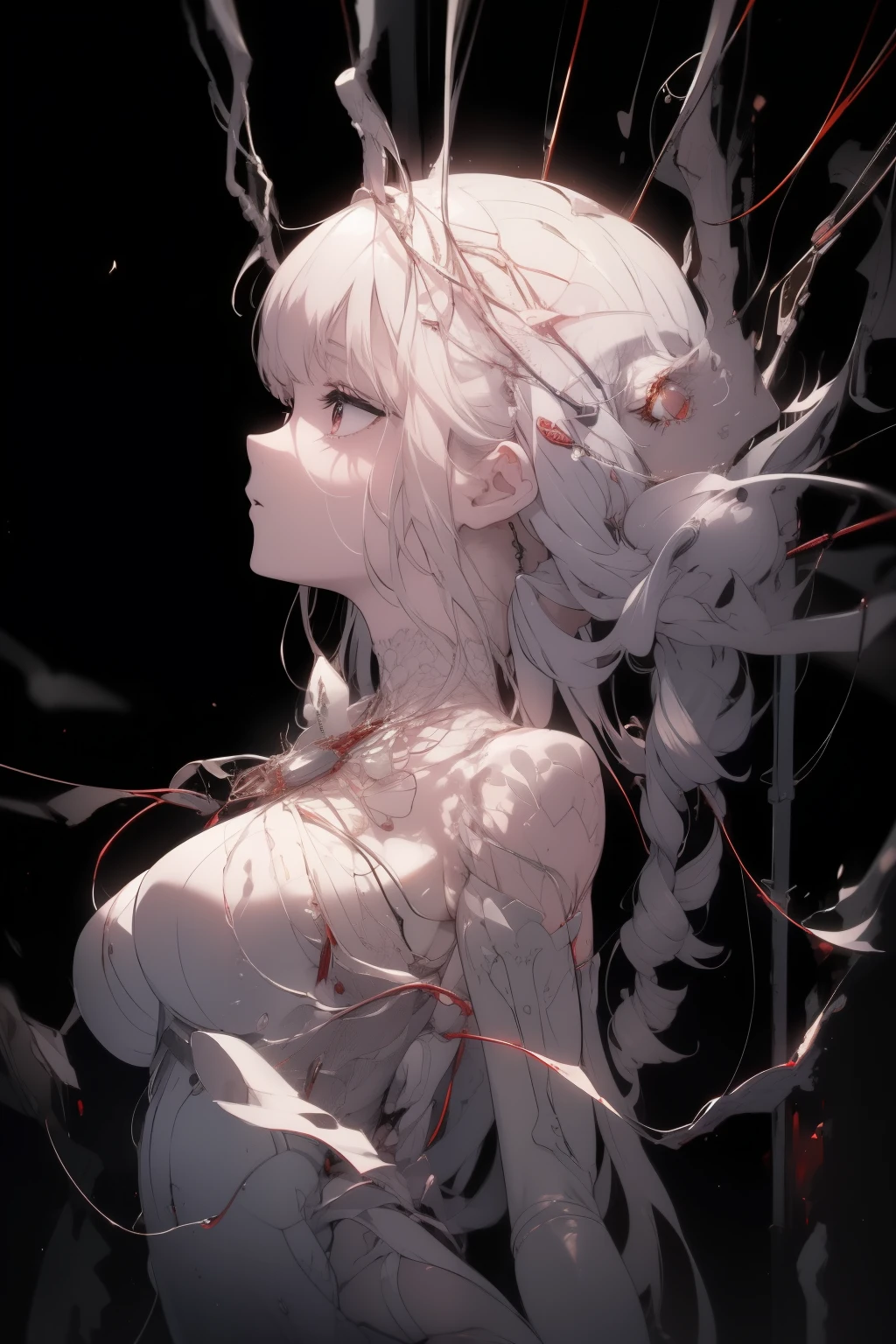 ((masterpiece))), (((best quality))), ((ultra-detailed)), (CG illustration), ((an extremely delicate and beautiful)),(from side),cinematic light, ((1 mechanical boy)), solo person, full bodyesbian,(Machine-made joints:1.2),((Mechanical limb)),(Blood vessel attached to tube),(The mechanical spine is attached to the back),((The mechanical cervical vertebrae are attached to the neck)),(are standing),face expressionless,(Wires and cables around the neck:1.2),(wires and cables on head:1.2)(Character focus),sci-fy,Extremely fine,a color,Thinnest