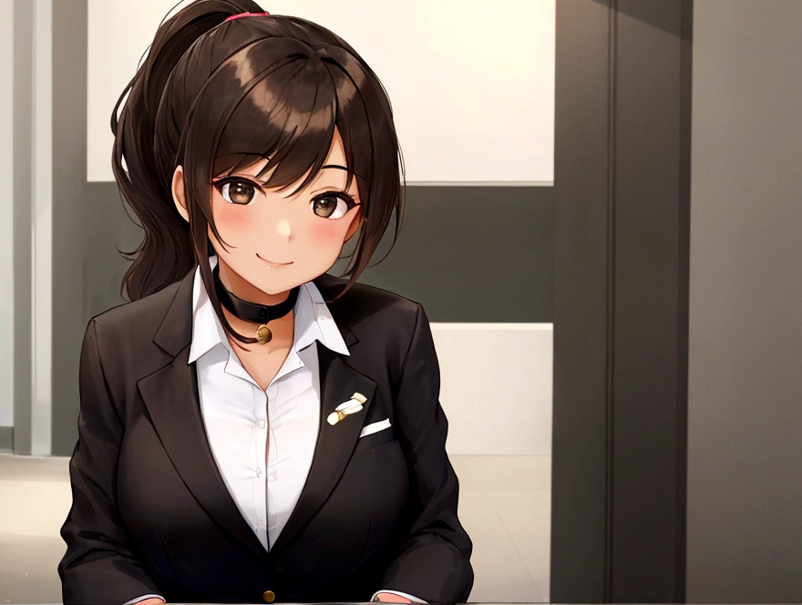 A girl with a cute ponytail and bronze hair, in a black business suit, smiling in front of a bank