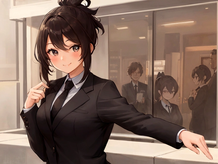 A girl with a cute ponytail and bronze hair, in a black business suit, smiling in front of a bank