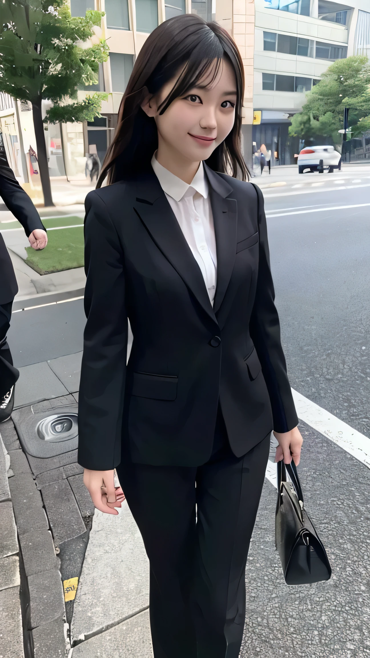 Social People、woman、Black suit、Photograph the whole body、Walking on the sidewalk、Morning commute、smile