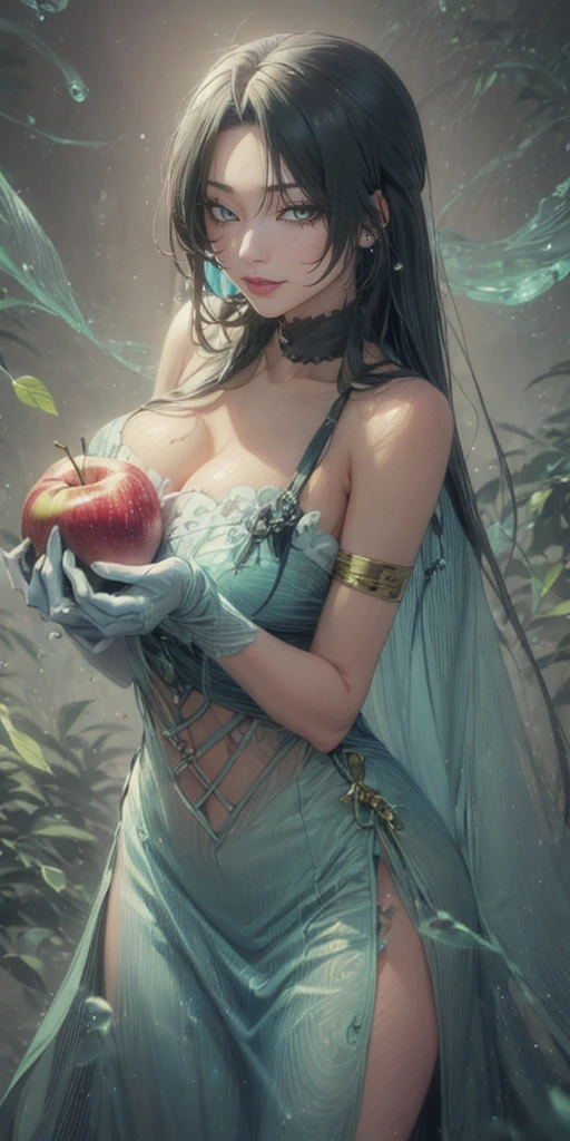 black hair, long hair, parted bangs, golden eyes, curvy, anatomically correct, best quality, masterpiece, high quality, high details, highres, HD, fruit, food, 1girl, apple, holding_apple, holding_fruit, solo, dress, breasts, holding, looking_at_viewer, white_dress, bare_shoulders, cleavage, choker, elbow_gloves, bokeh, large_breasts,, water drop, reflective, (fog:1.3), fireflies, hollow eyes, golden eyes, lips, smirk, upper teeth, cheek,