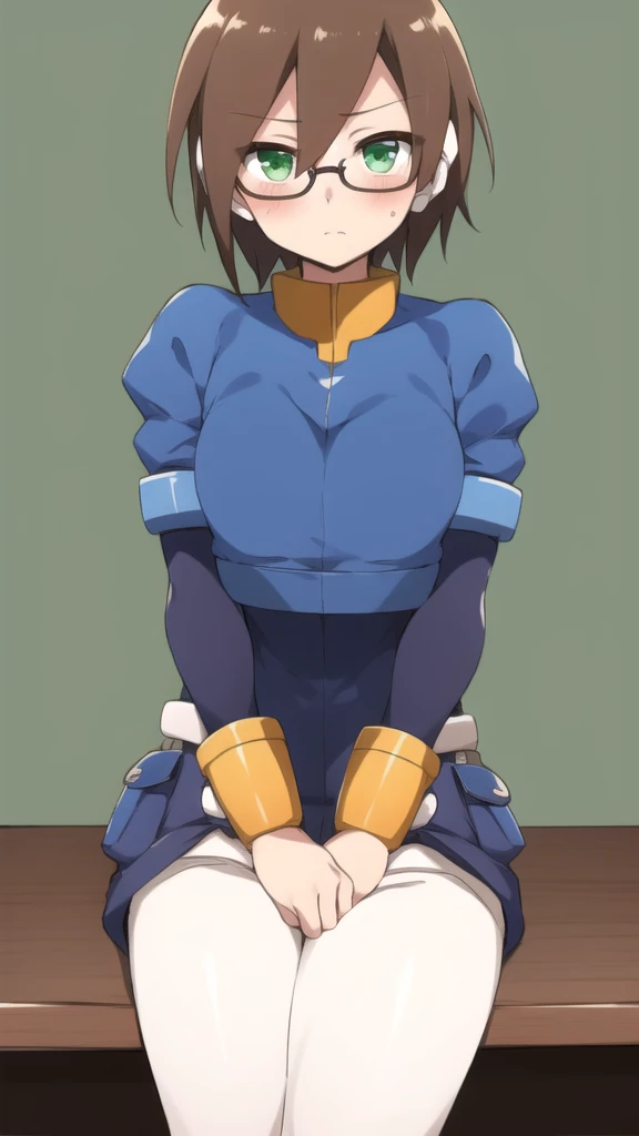 Aile_Megamanzx, 1 Girl, looking at viewer, Brown hair, Green eyes, Simple background , Blushed , Leaning on a table , Glasses , sharped Eyes