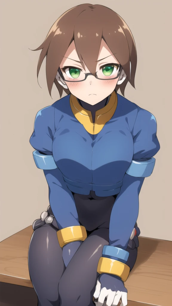 Aile_Megamanzx, 1 Girl, looking at viewer, Brown hair, Green eyes, Simple background , Blushed , Leaning on a table , Glasses , sharped Eyes