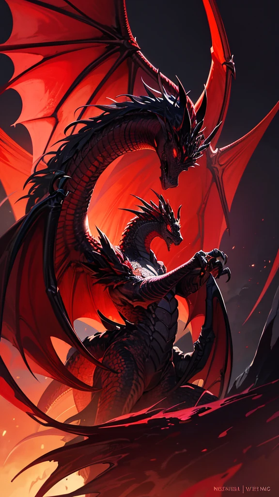 Theme: abyss dragon,a powerful majestic red and white dragon with 2 pair of wings, realistic, masterpiece, detailed, fantastical, imaginative, powerful, strong, black background, intricate scales, glowing eyes, sharp claws, mythical creature, Indonesia inspired, dramatic lighting, photorealistic