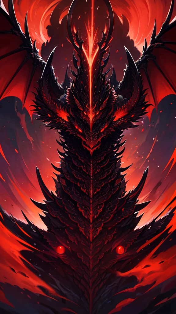 Theme: abyss dragon,a powerful majestic red and white dragon with 2 pair of wings, realistic, masterpiece, detailed, fantastical, imaginative, powerful, strong, black background, intricate scales, glowing eyes, sharp claws, mythical creature, Indonesia inspired, dramatic lighting, photorealistic