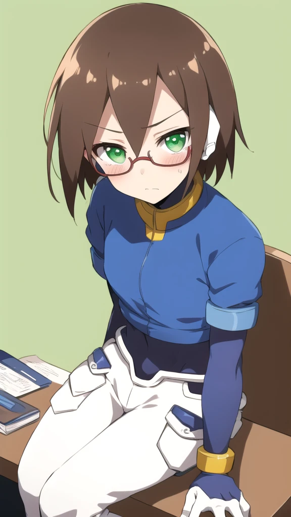 Aile_Megamanzx, 1 Girl, looking at viewer, Brown hair, Green eyes, Simple background , Blushed , Leaning on a table , Glasses , sharped Eyes